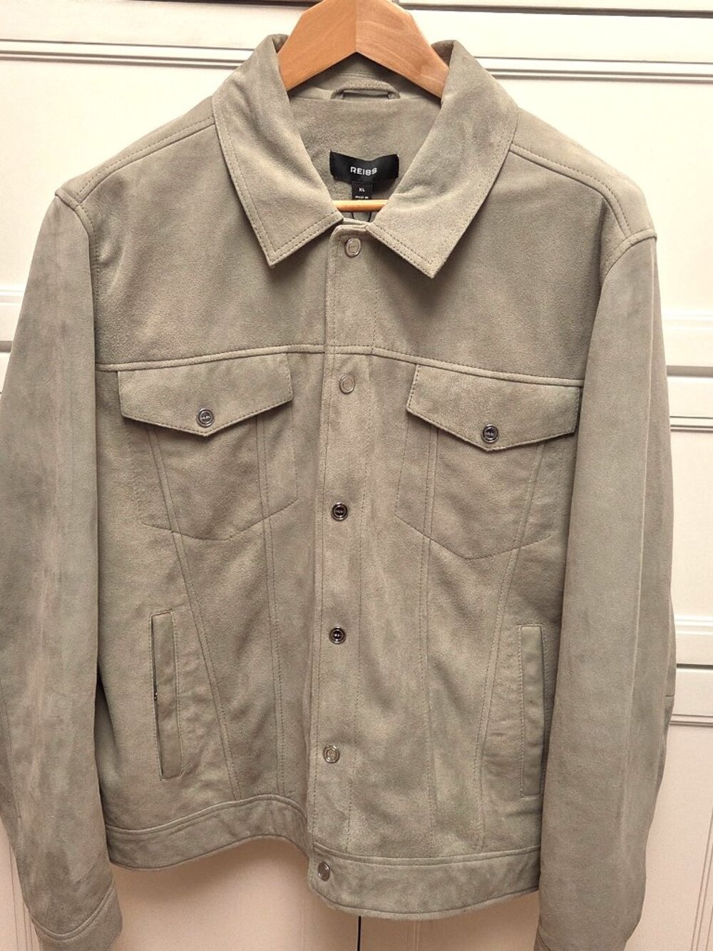 Reiss Men's Goat Leather Suede Pistachio Edington Trucker Jacket (XL) (NWT)